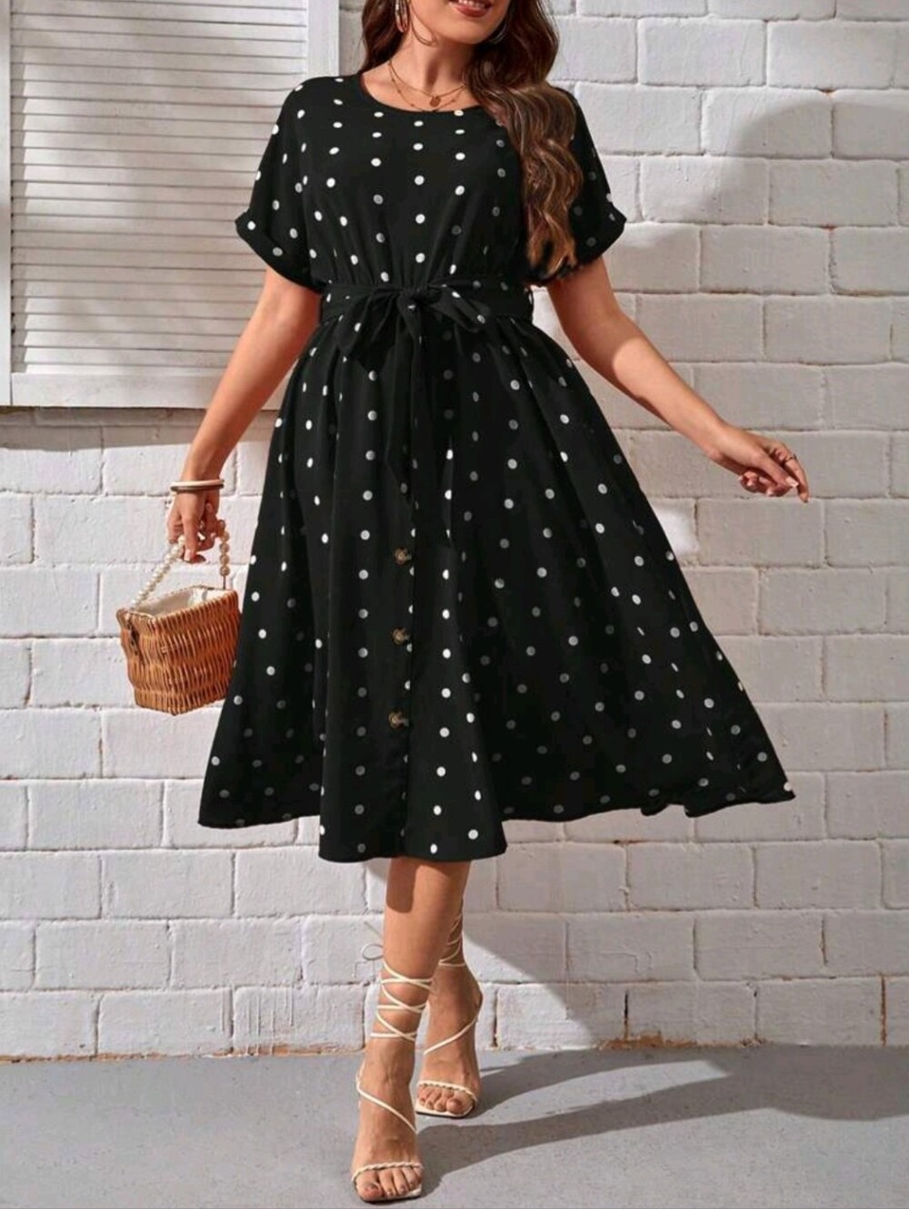 Black & White Polka Dot Tie-Waist Midi Dress